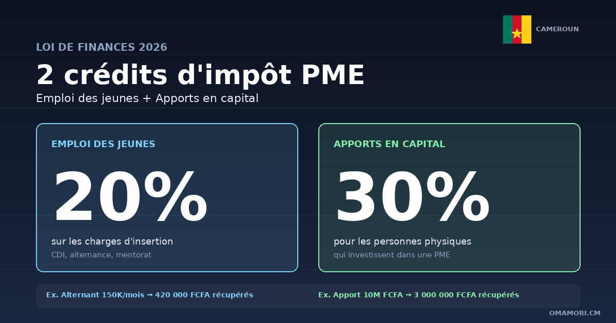 Les 2 nouveaux crédits d'impôt PME du Cameroun en 2026 : emploi des jeunes (20%) et apports en capital (30%)