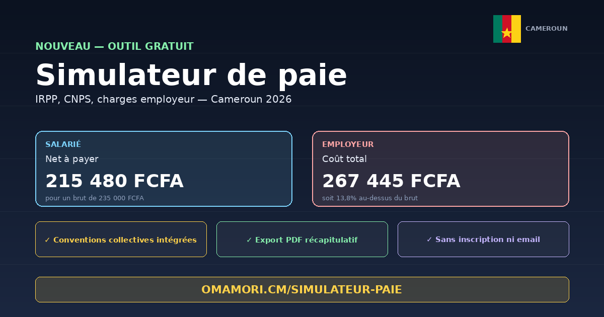 Simulateur de salaire net Cameroun gratuit : IRPP, CAC, CNPS, charges employeur calculés en 30 secondes